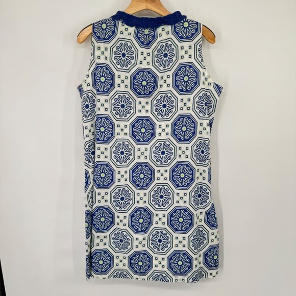 Tracy Negoshian Blue White Sleeveless dress cotton Ruffle Neckline size large - Picture 7 of 11